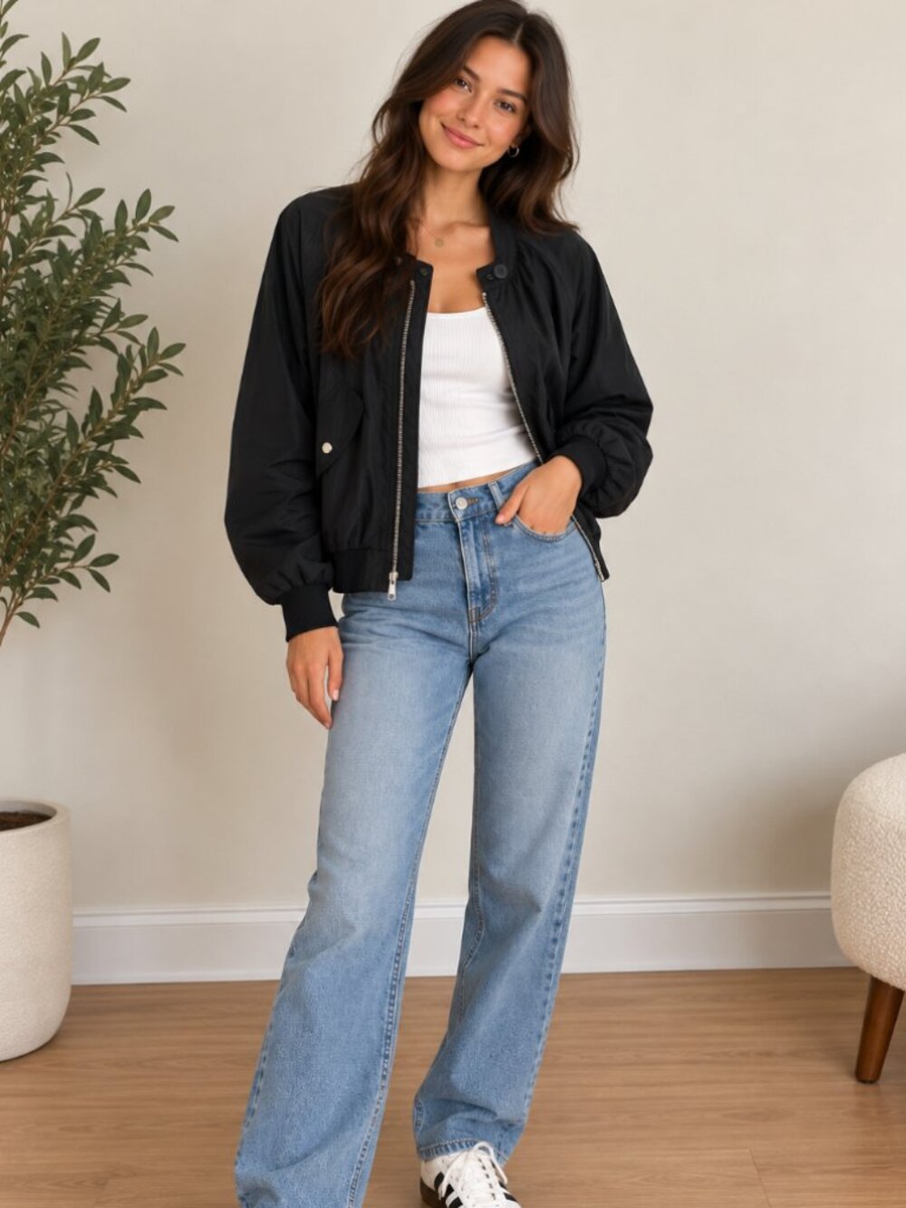 Free People Black Bomber Jacket Lightweight Zip Up Size Large